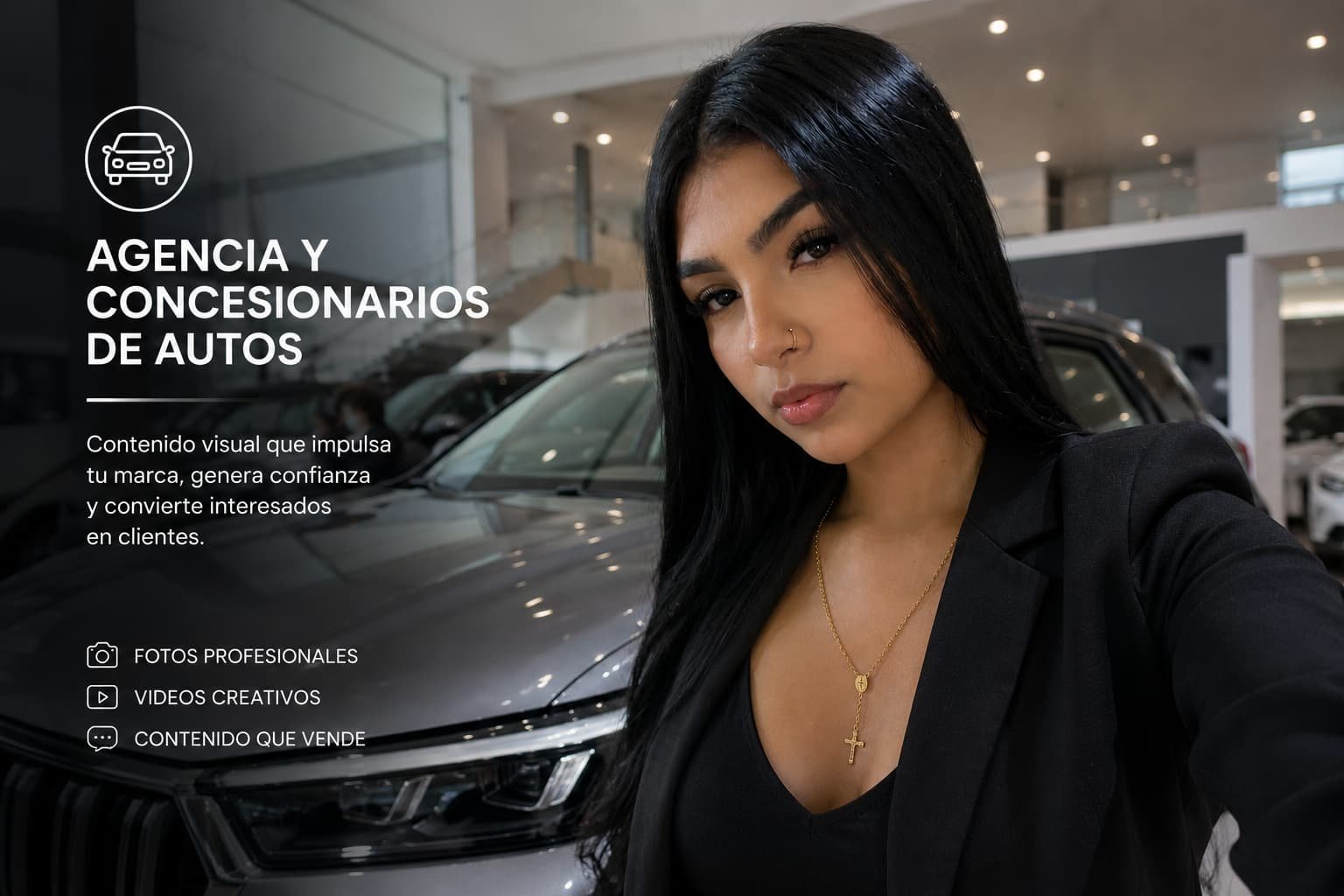 Modelo para agencias de autos y concesionarios. Publicidad automotriz con talento real.