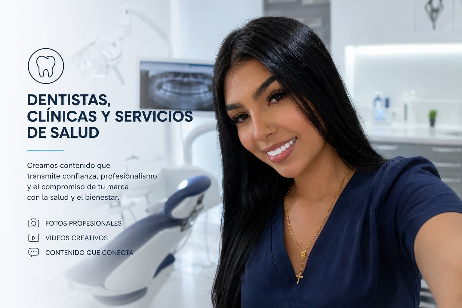 Modelo para clínicas dentales. Publicidad de sonrisas y salud bucal con talento real.