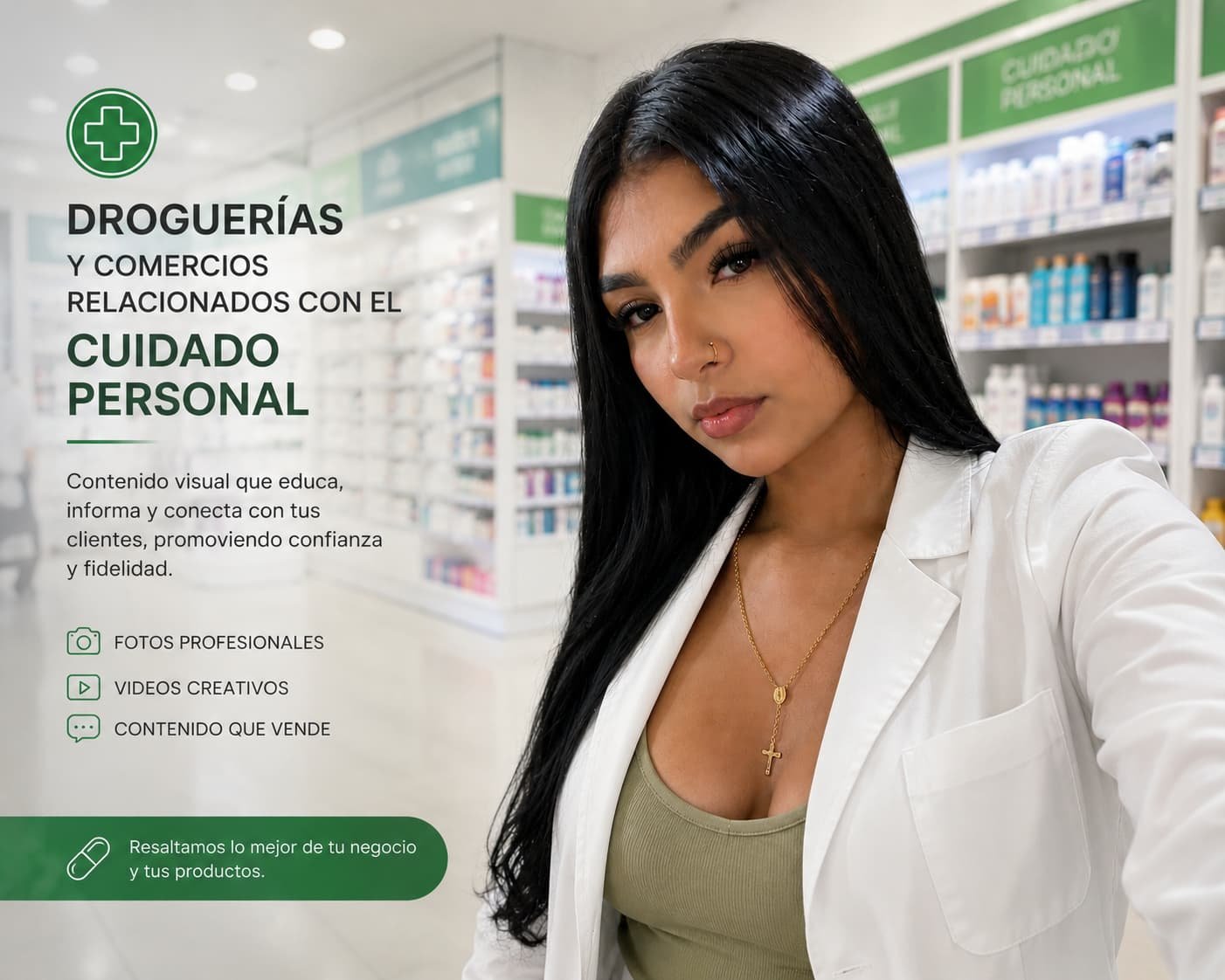 Modelo para farmacias y droguerías. Publicidad de productos de salud y bienestar.