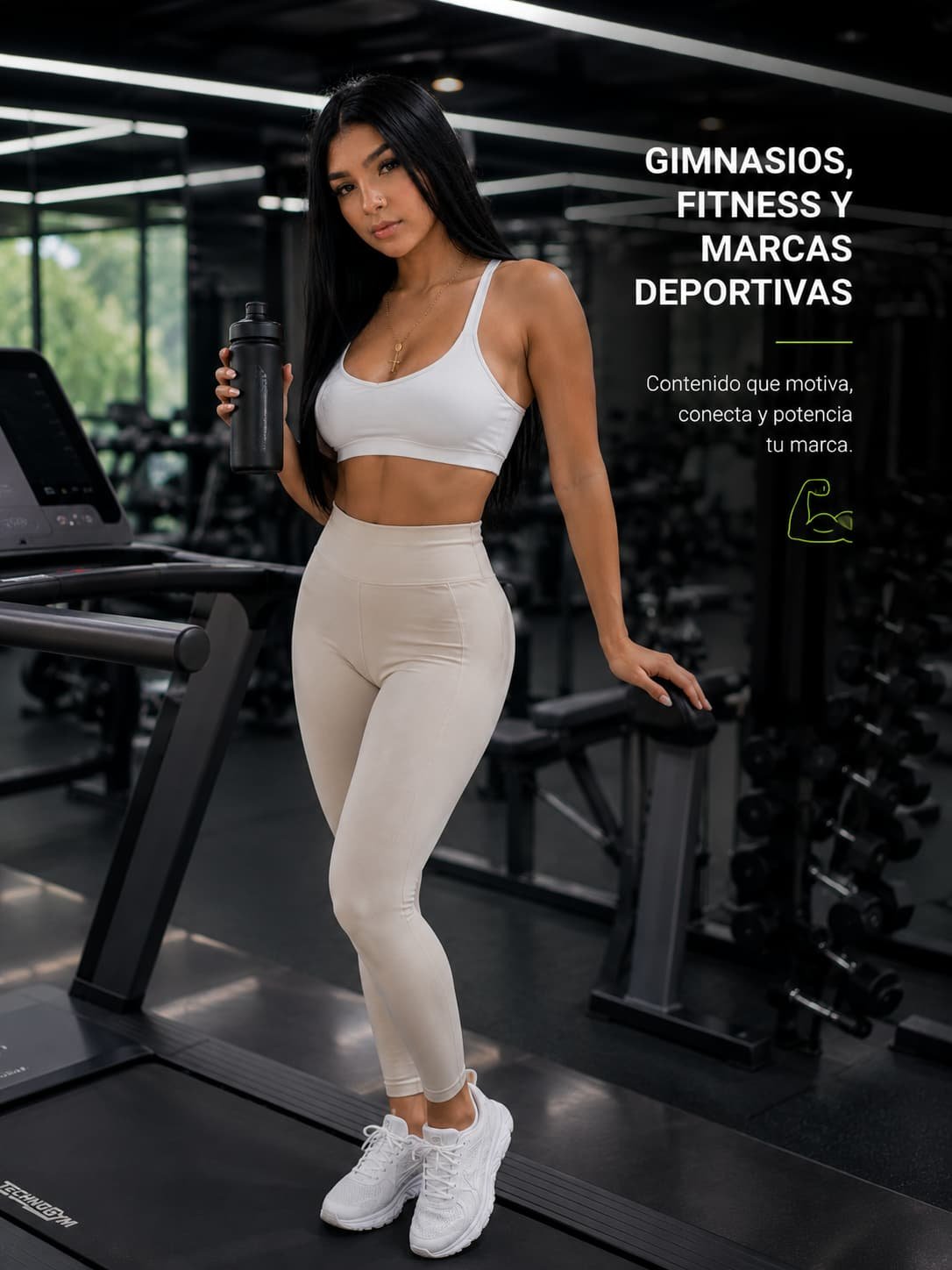 Modelo fitness para gimnasios y marcas deportivas. Publicidad de entrenamiento y estilo de vida saludable.