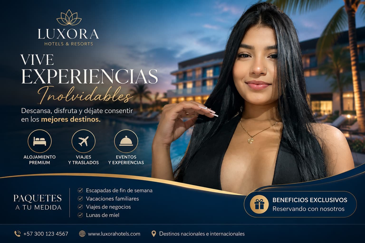 Modelo para hoteles y turismo. Publicidad de hospitalidad y viajes con talento real.