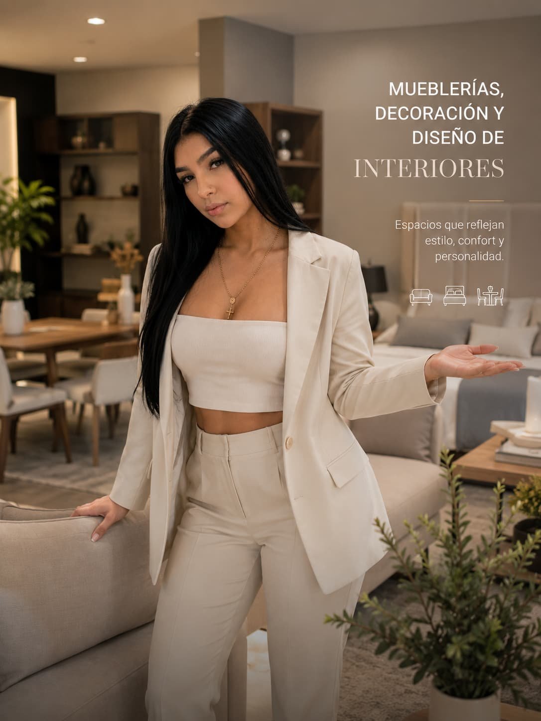 Modelo para mueblerías y decoración del hogar. Publicidad de diseño de interiores.