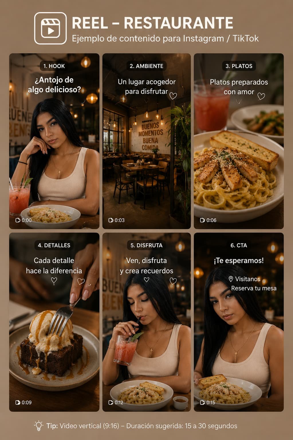 Modelo para restaurantes y gastronomía. Publicidad de experiencias culinarias con talento real.