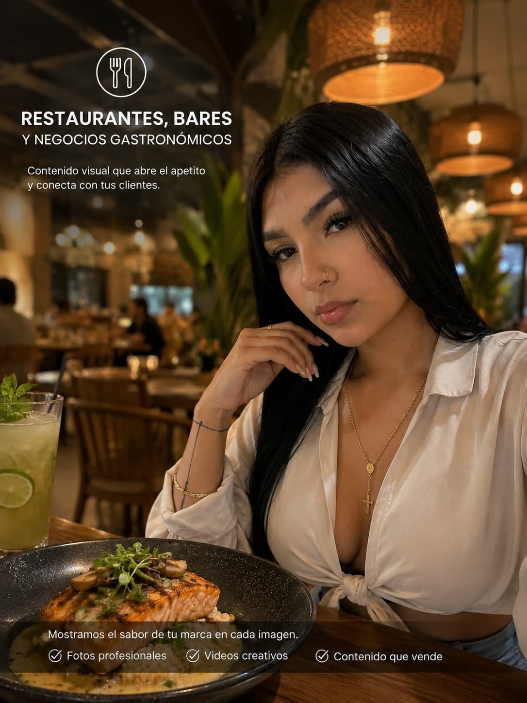 Modelo para restaurantes y bares. Publicidad gastronómica con talento real.