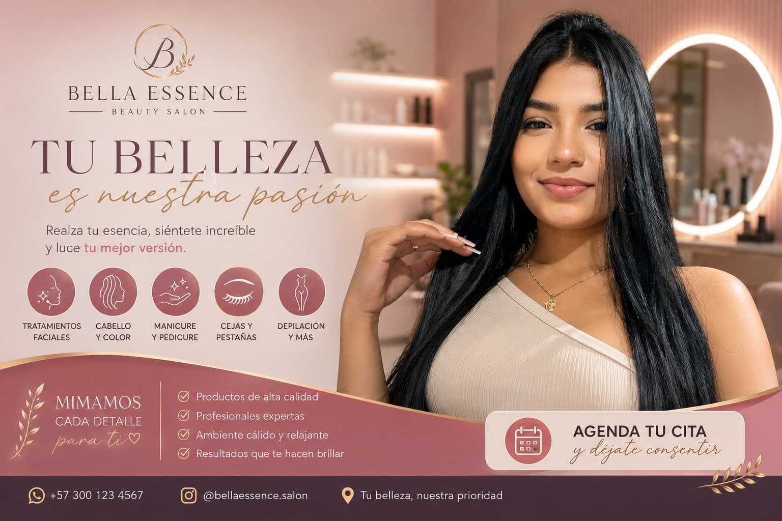 Modelo para salones de belleza y estética. Publicidad de tratamientos y cuidado personal.