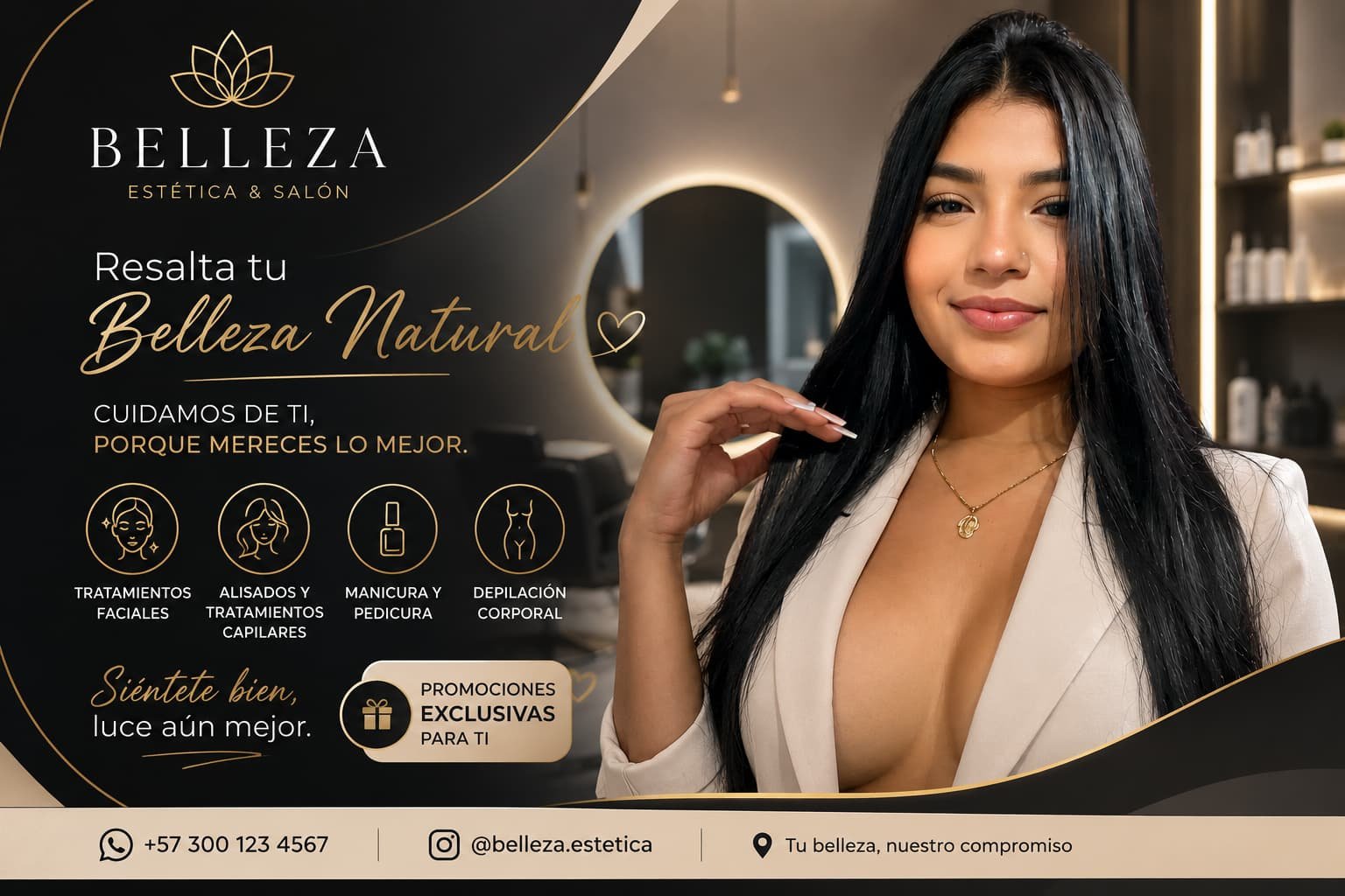 Modelo para salones de belleza y estética. Publicidad de tratamientos de belleza con talento real.