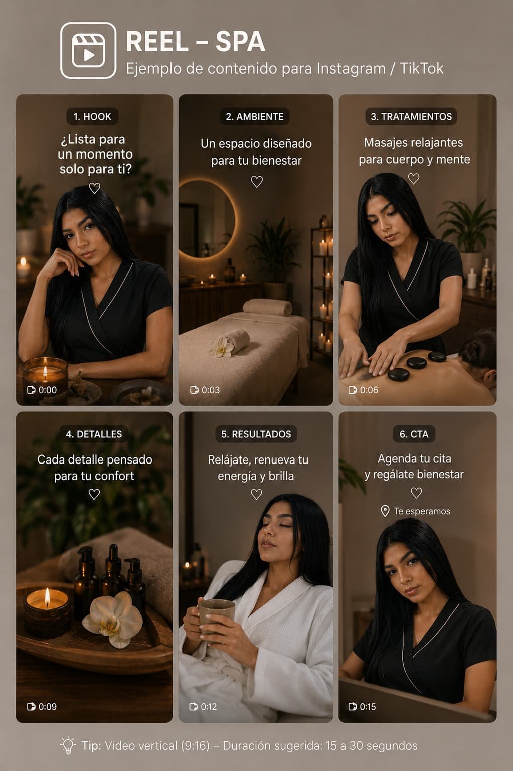 Modelo para spas y centros de bienestar. Publicidad de relajación y cuidado personal.