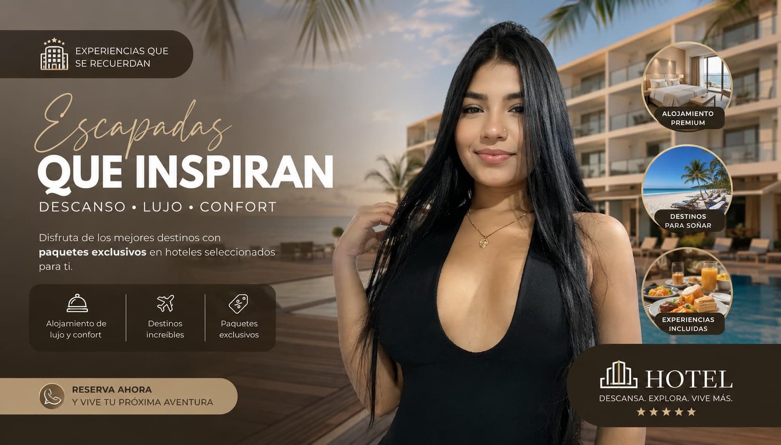 Modelo para tours y experiencias turísticas. Publicidad de viajes con talento real.